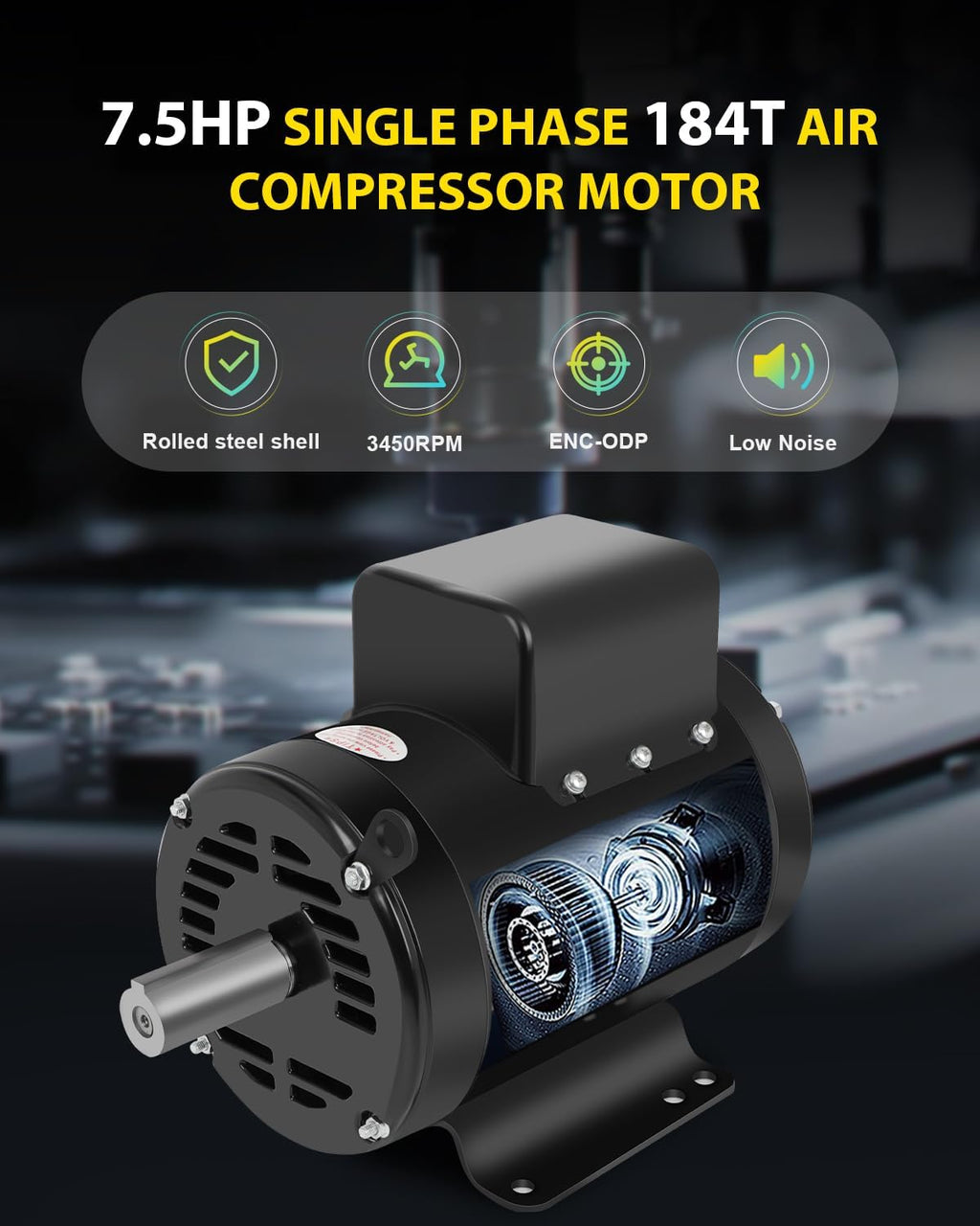 7.5HP Air Compressor Motor Single Phase 184T 3450RPM CW/CCW ODP