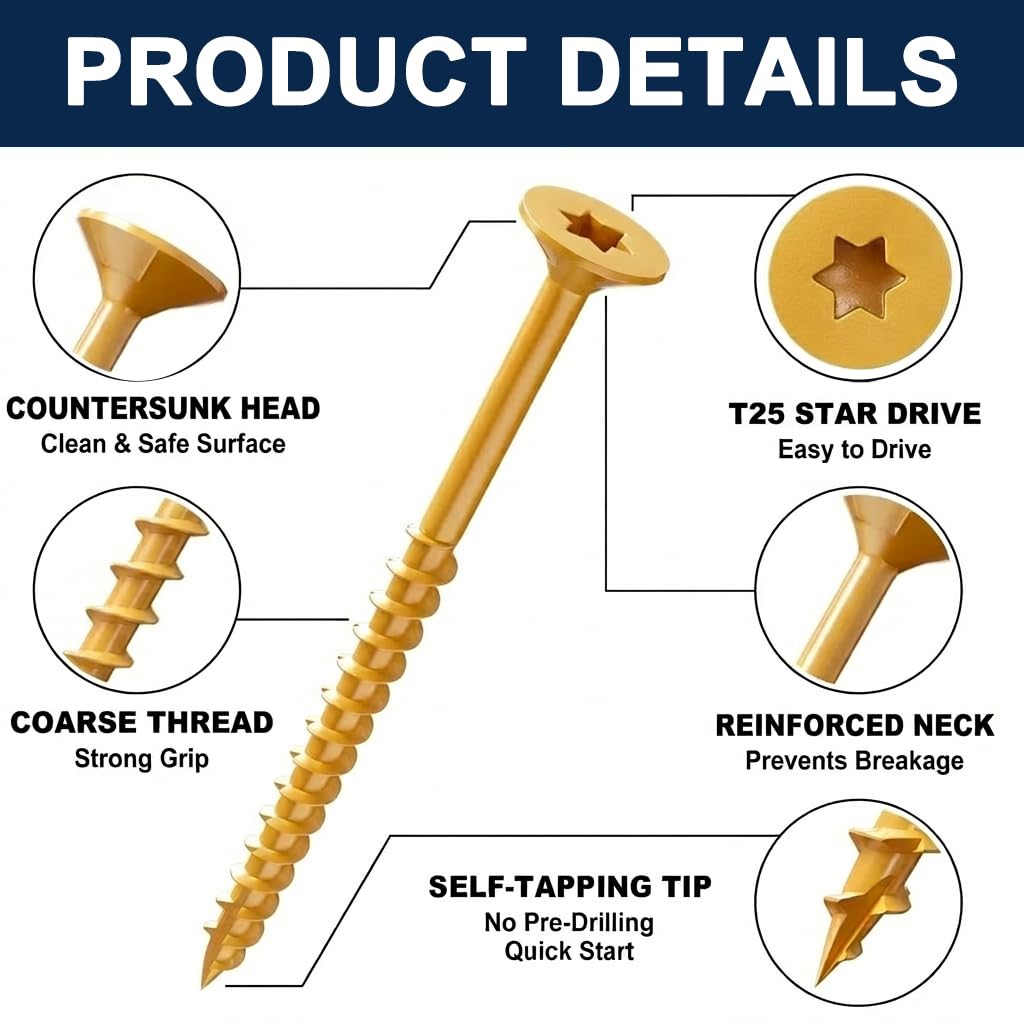 #8 x 1-1/4" Exterior Deck Screws (5 lb Box), Tan Epoxy Coated Wood Screws with T25 Star Bit, Type 17 Self-Drilling