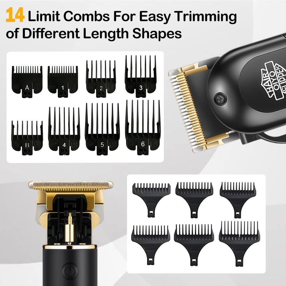 Hair Clippers for Men, Cordless Professional Beard Trimmer Set | Golden Stainless Steel Blades, 14 Guide