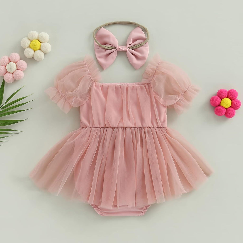 Baby Girl Tulle Dress Romper Sleeveless Onesie Knot Front Pleated Bodysuit Newborn Mesh Princess Outfits