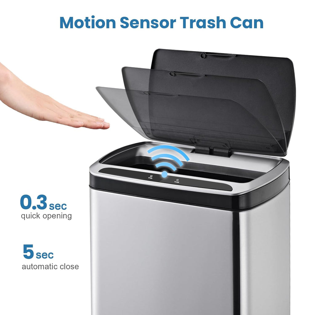 50 Liter / 13.2 Gallon Rectangular Kitchen Trash Can, Brushed Stainless Steel Finish Motion Sensor Trash Can
