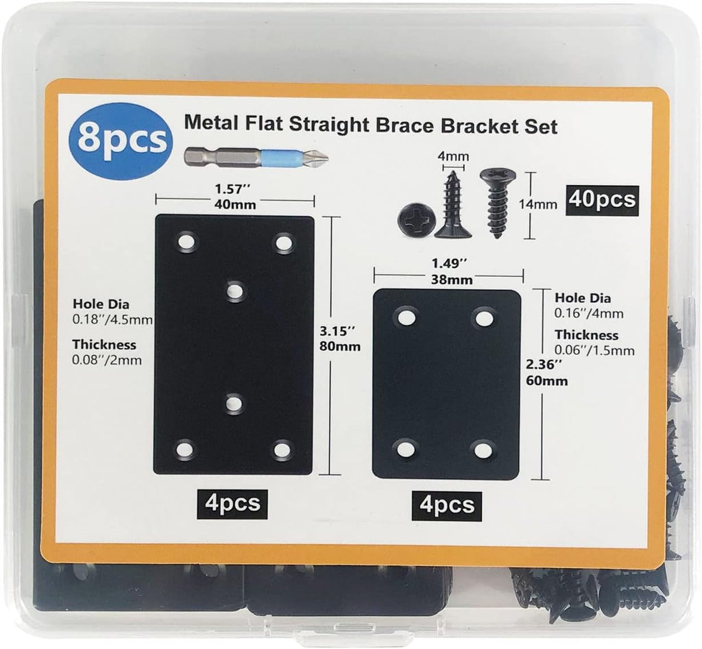 8 Pack Black Flat Mending Plate 3.15x1.57‘’ & 2.36x1.49'', Stainless Steel Bracket, Straight Metal Brace Bracket