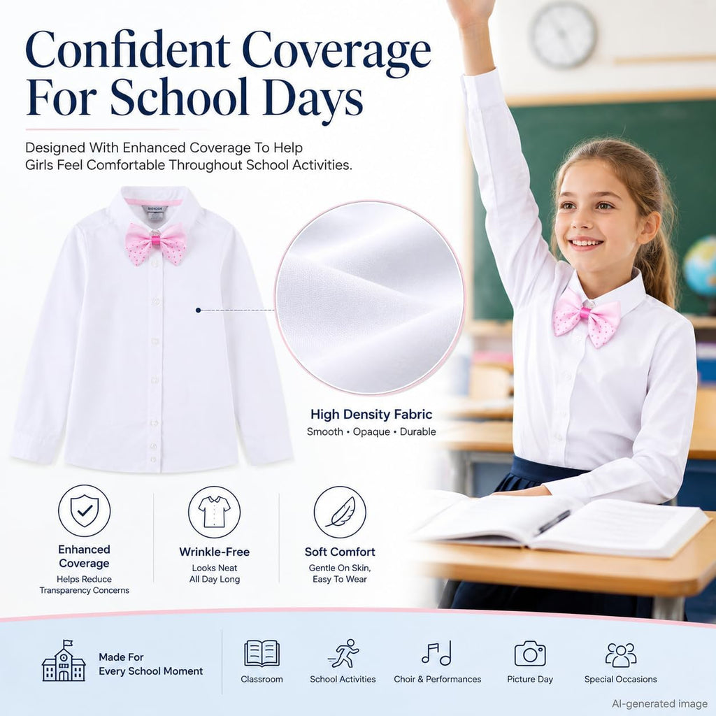 White Wrinkle-Free Girls Shirt: School Uniform Bowtie | Long Sleeve Button Down Dress Blouse, Collared Cotton Oxford