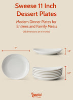 Porcelain 11 Inch Dinner Plates Set of 6 - White Dinner Plates - Dishwasher, Microwave, Oven Safe, Scratch Resistant