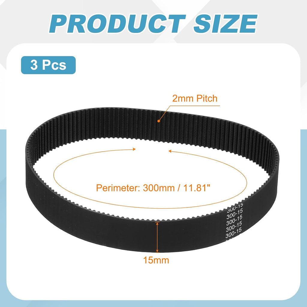 MECCANIXITY 300mm GT-2 Timing Belt 15mm Width 2mm Pitch Black 3pcs