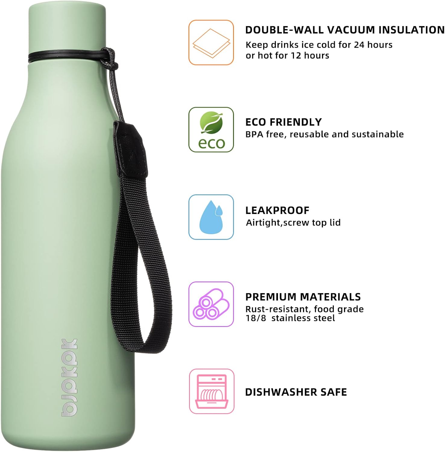 18oz Insulated Water Bottle, Stainless Steel Bottle with Carry Strap | Keep Cold & Hot Vacuum Insulation, Leak-Proof