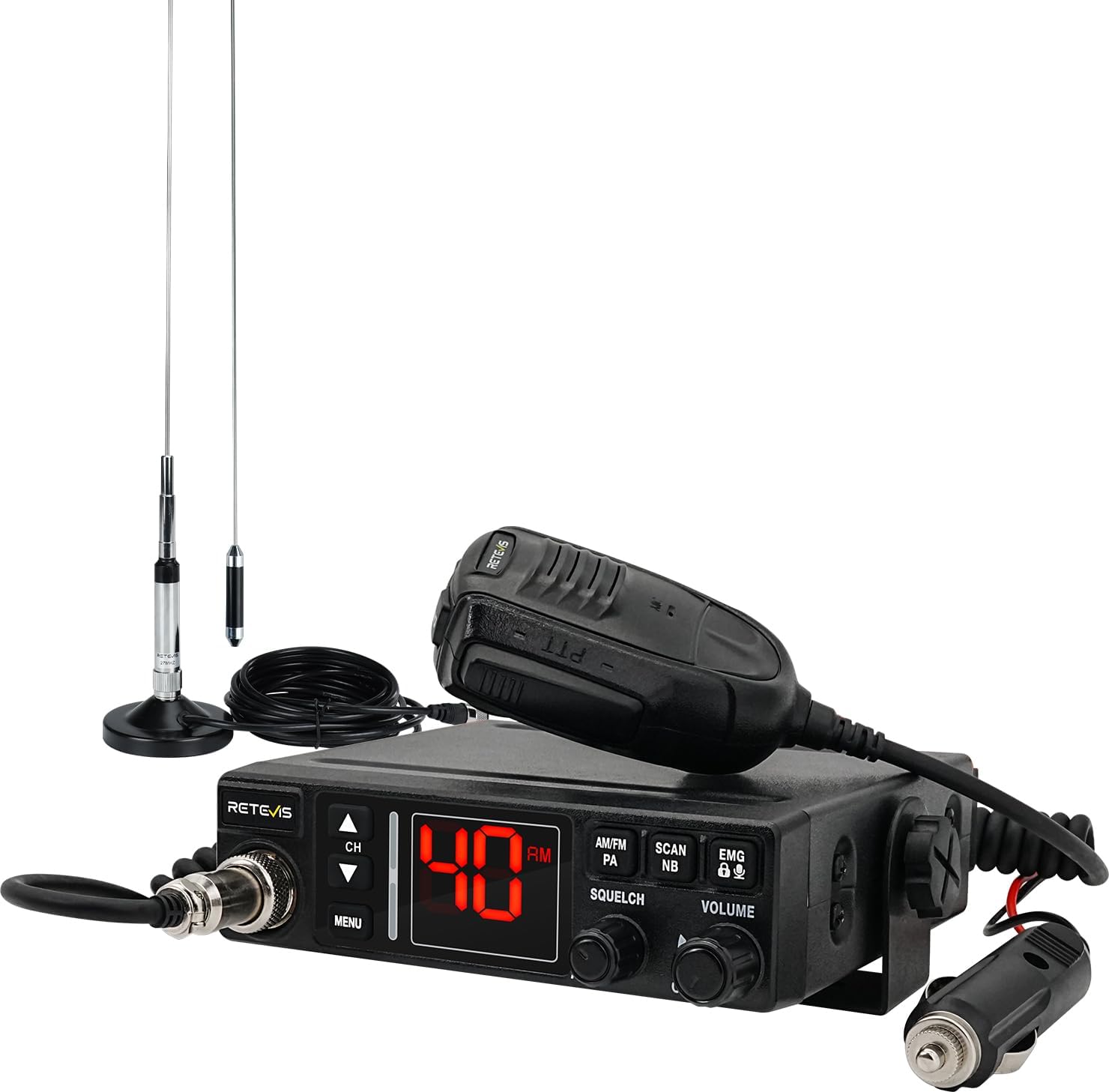 MB3A 40-Channel AM/FM CB Radio Kit, Long Range Radio with Antenna | Small & Easy to Install, 12V/24V Cigarette