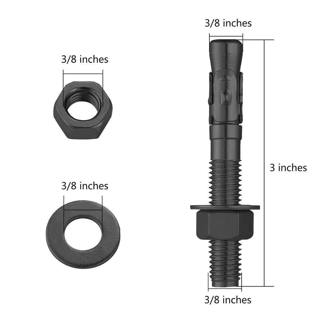 10Pcs 3/8x3 Inch Standard Fasteners for Heavy-Duty Black Wedge Anchors for Cement and Concrete