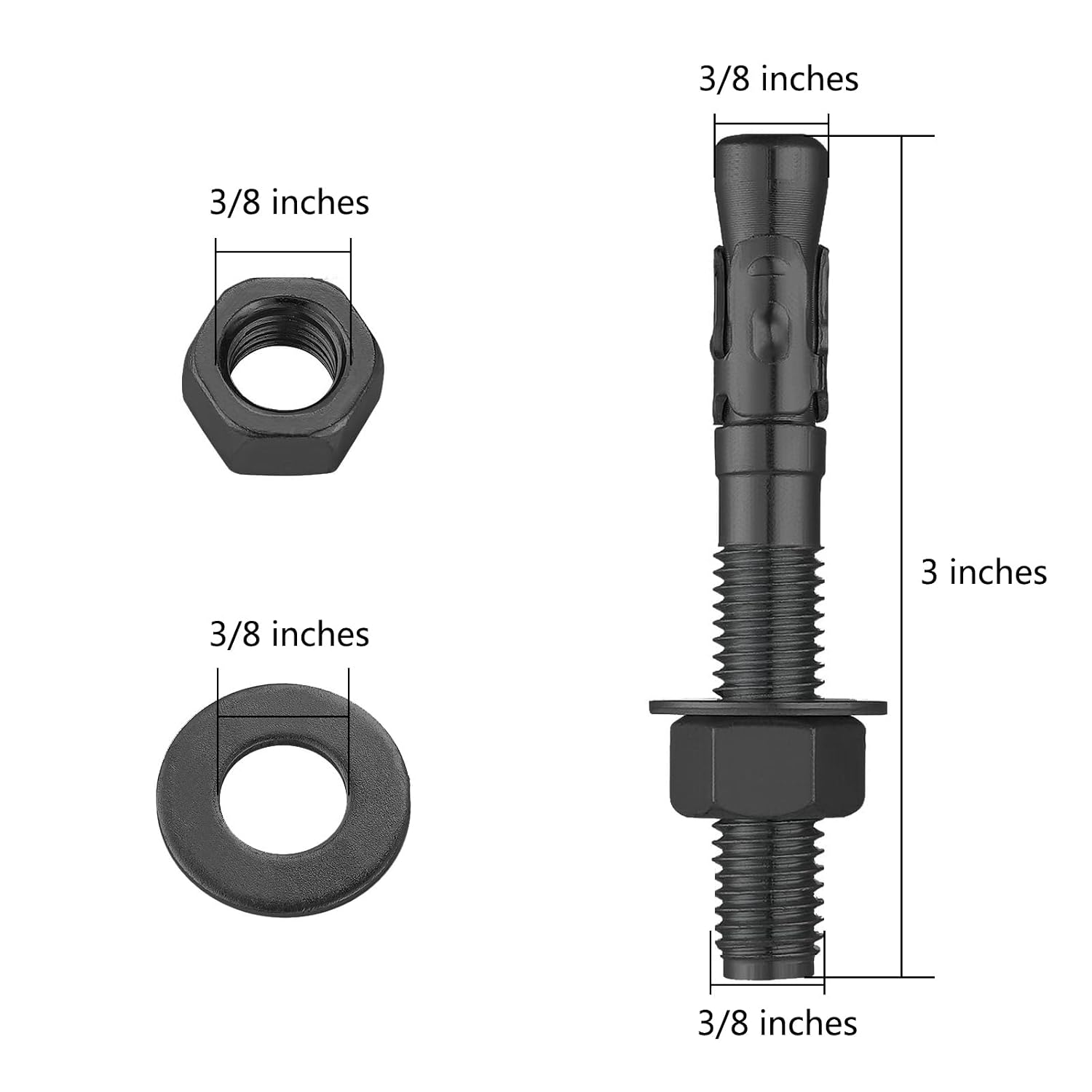 10Pcs 3/8x3 Inch Standard Fasteners for Heavy-Duty Black Wedge Anchors for Cement and Concrete