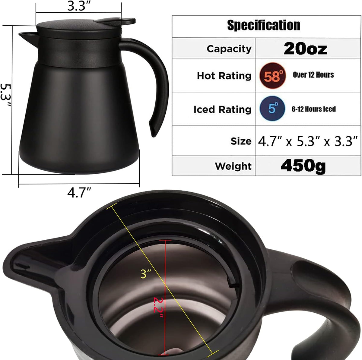Thermal Coffee Carafe Tea Pot 20 Oz Stainless Steel Insulation Pot Double Wall Vacuum Insulated Coffee Water &