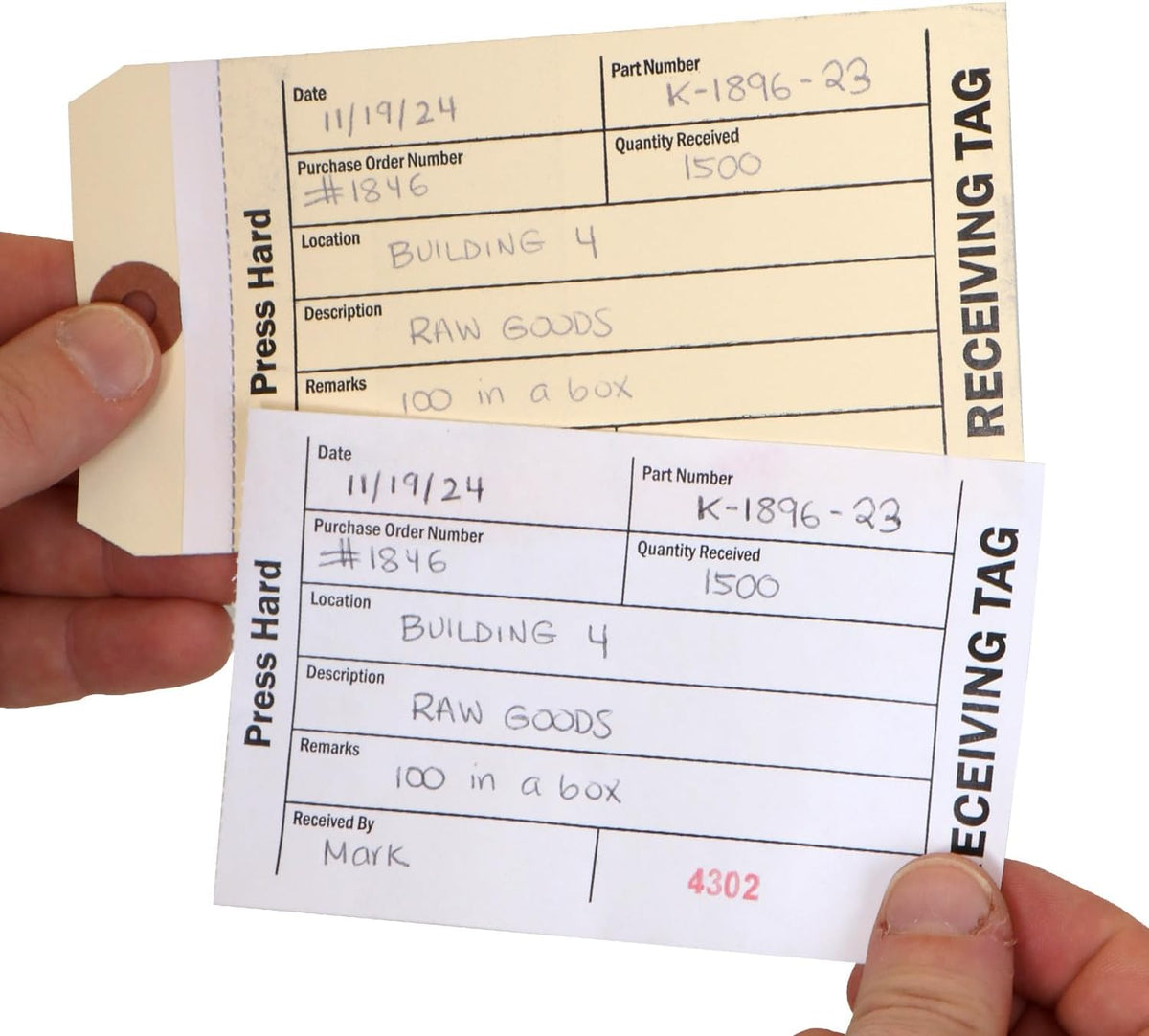 100-Pack 2-Part NCR Receiving Tags with Adhesive Strip - 6.25"x3.125", Thick Manila Tags with 60# Tear-Off NCR Paper