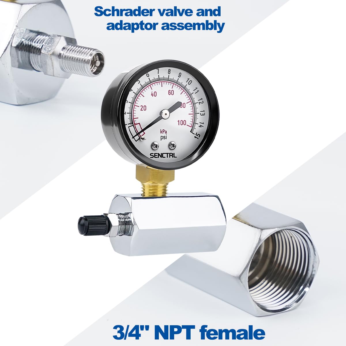 SENCTRL 0-15 Psi Gas Pressure Test Gauge, 3/4" FNPT Connection