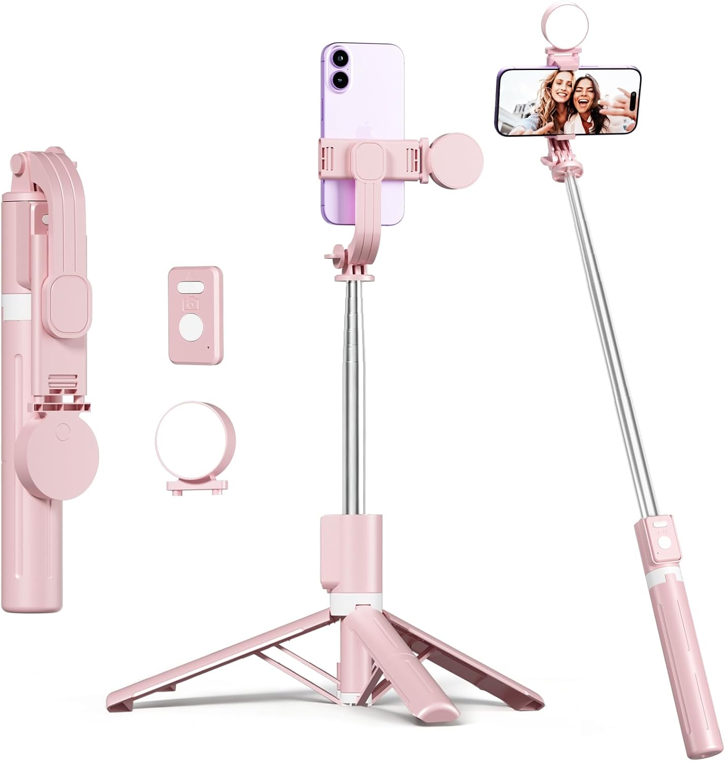 Selfie Stick with Rechargable Remote & Light (1PC), Tripod for iPhone, Cell Phone Stand for Video Recording, Portable