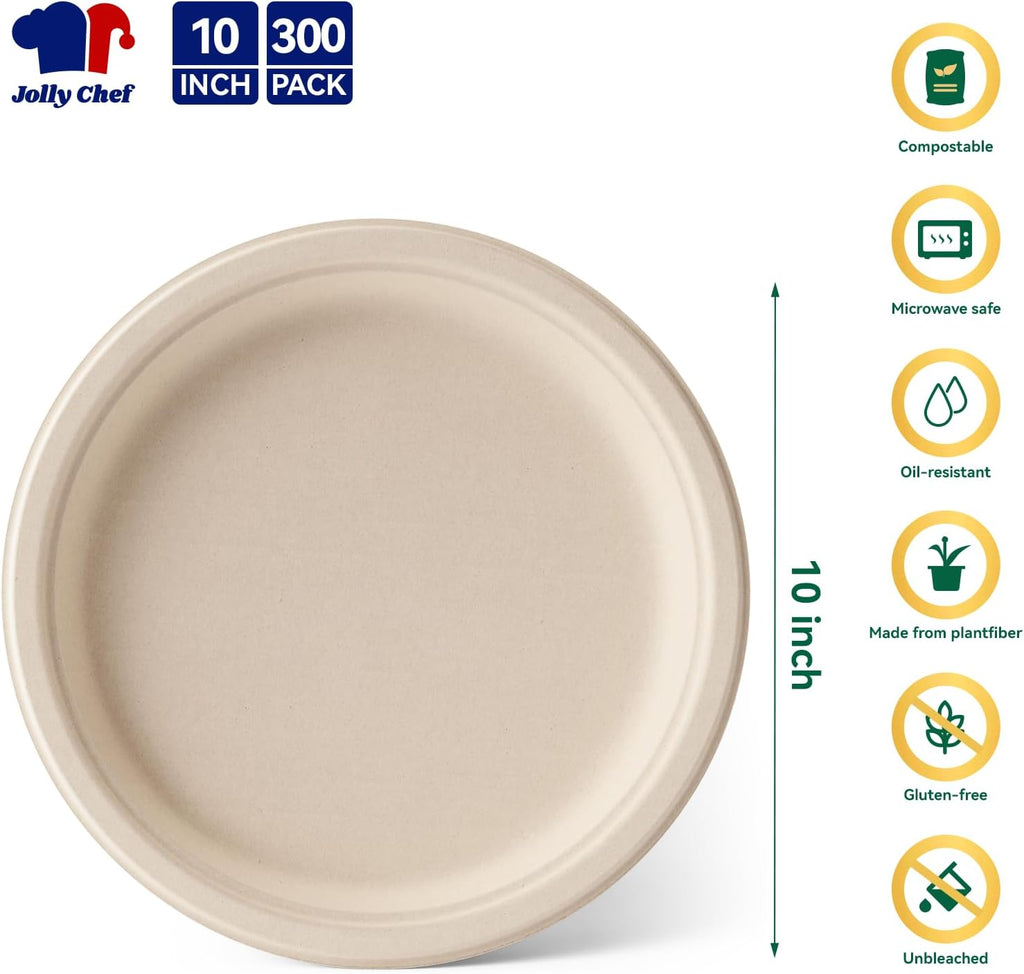 Compostable Heavy Duty 10 Inch 300 Pack Disposable Eco-Friendly Paper Plate