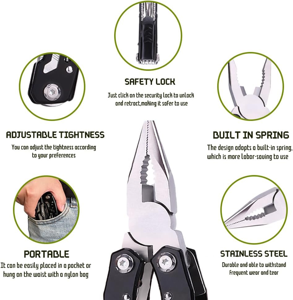 14 in 1 Multitool Pliers with Safety Lock, Professional Stainless Steel Pocket Knife, Portable Survival Gift for