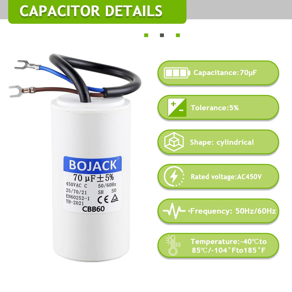 BOJACK 70 uF 450V AC 70 MFD CBB60 Wire Lead Cylinder Motor Run SH Capacitor