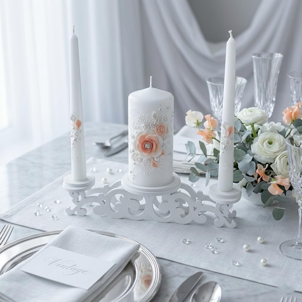 Blush Blossom Unity Candle Set for Wedding Ceremony, White & Blush Pink Handmade Wedding Candles, Unscented 6" Pillar