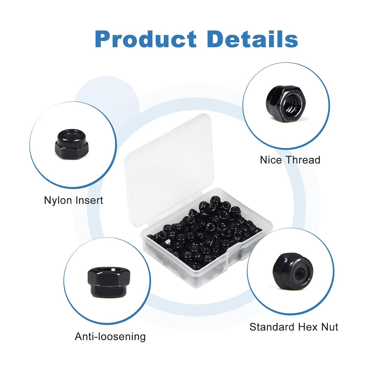 100Pcs M3 x 0.5mm Carbon Steel Hex Lock Nuts, Nylon Insert Self-Locking Nut