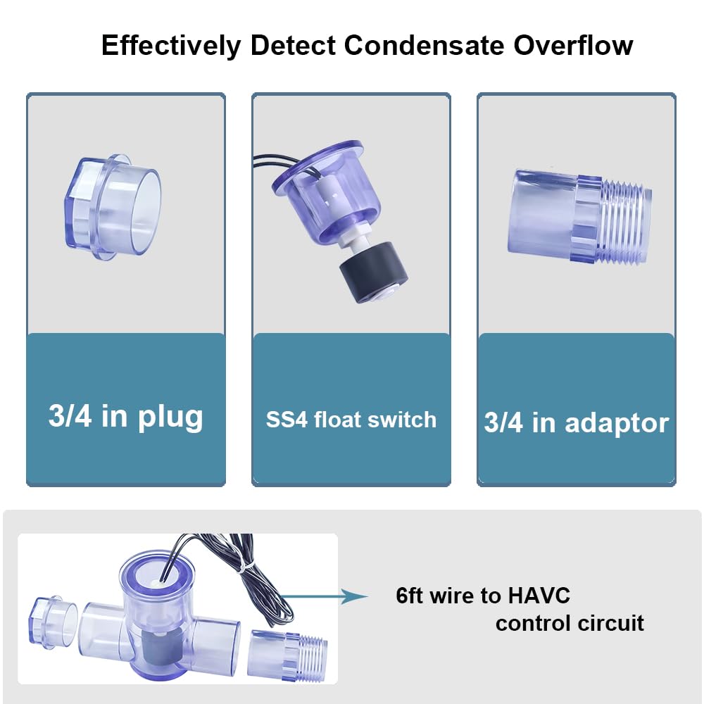 DSY SS4 Transparent Blue Condensate Overflow Float Switch with 3/4 Inch Adaptor and 6FT Wire AC Float Switch