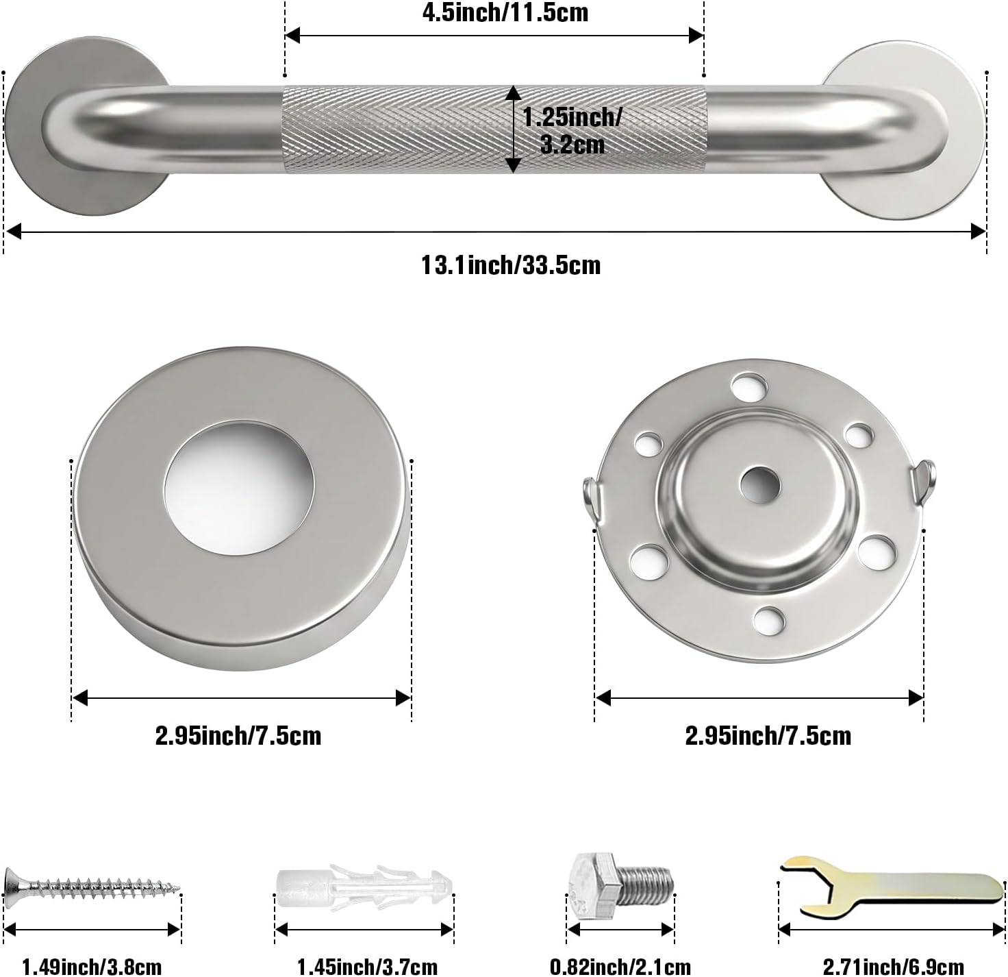 12 Inch Shower Grab Bar for Seniors,1.25'' Diameter 304 Stainless Steel Heavy Duty Anti-Slip Bathroom Safety Handicap