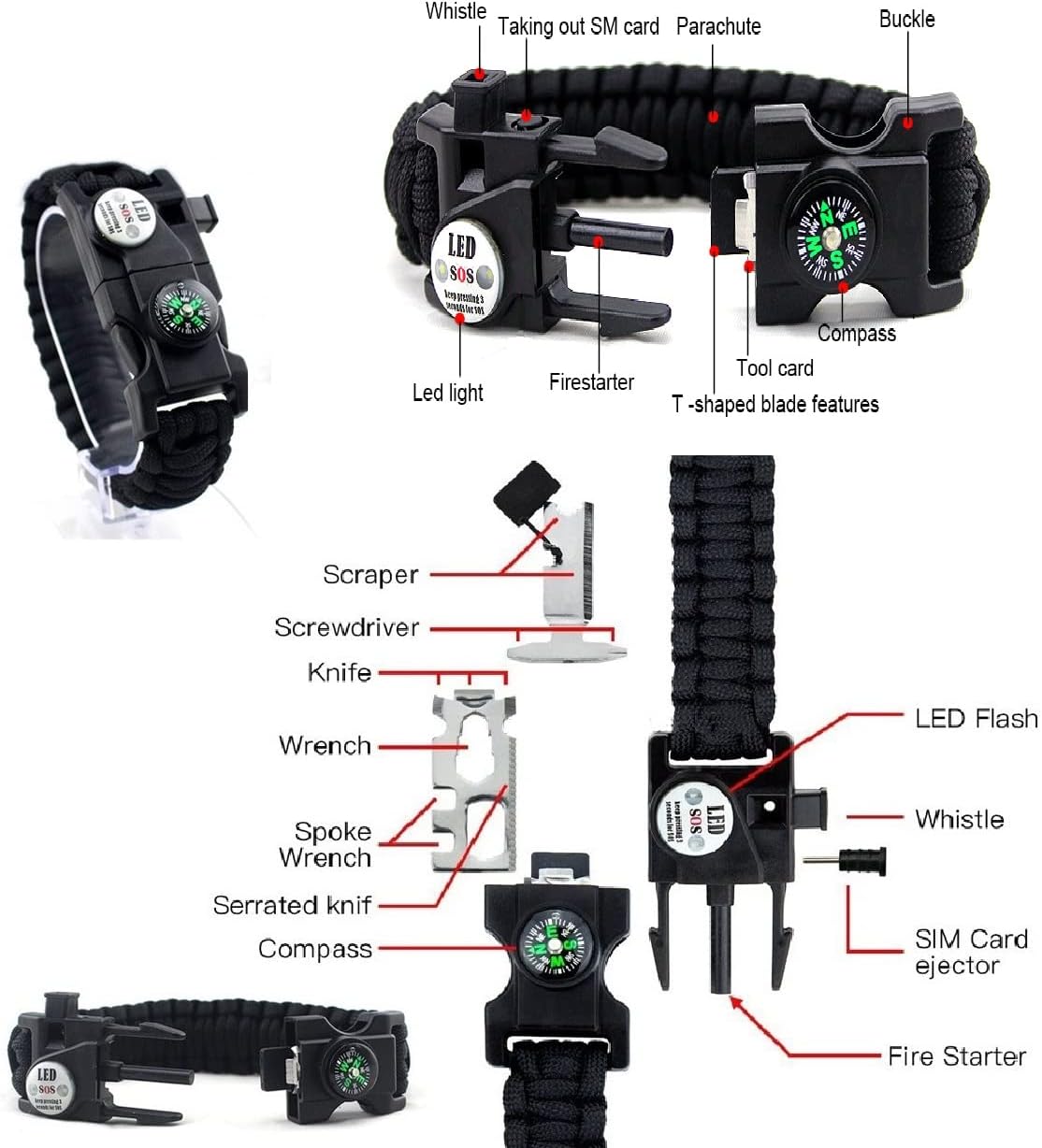 Galaxy 21 in 1 Survival Bracelet, Paracord Emergency Outdoor Sports Wristband Kit Waterproof Compass, LED Light