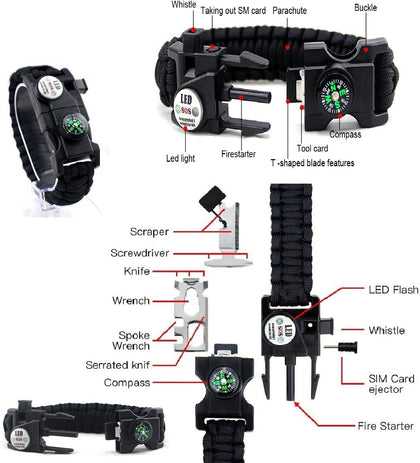 Galaxy 21 in 1 Survival Bracelet, Paracord Emergency Outdoor Sports Wristband Kit Waterproof Compass, LED Light