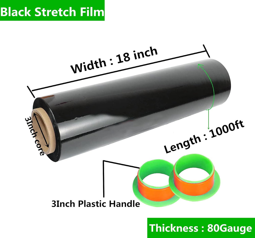 2-Pack Black Stretch Wrap 18" x 1000 Feet 80 Gauge Industrial Strength with Plastic Handle, Plastic Pallet Supplies
