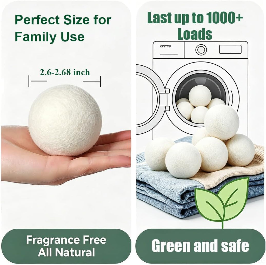 Wool Dryer Balls XL 6-Pack, Reusable Natural Laundry Fabric Softener