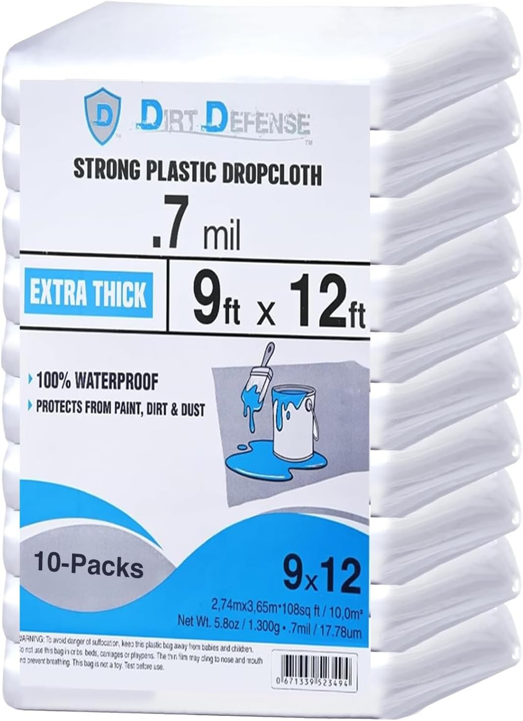 Dirt Defence Plastic Drop Cloth, 9x12 Ft 10 Pack Plastic Sheeting for Painting, Waterproof &