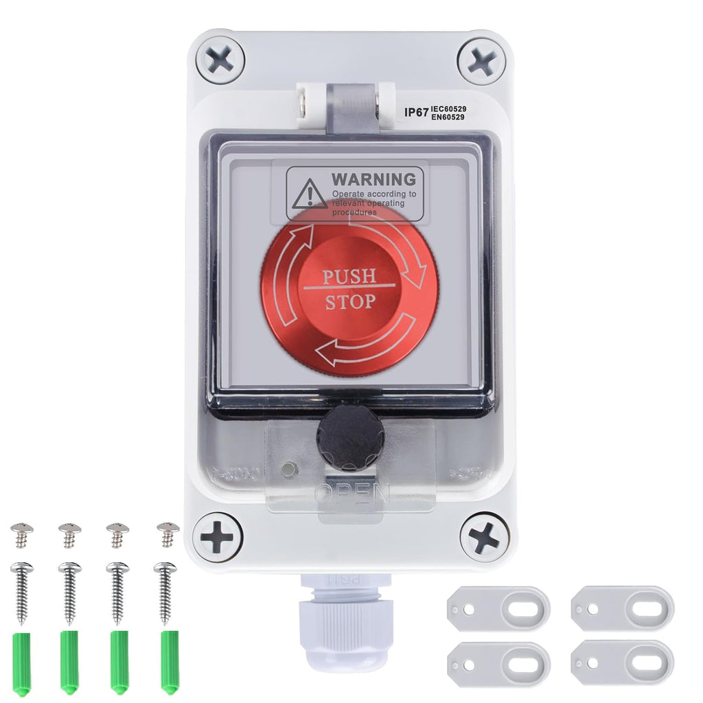 Emergency Stop Button with Box,10A 440V Emergency Shut Off Switch, IP65 Waterproof E-Stop Push Button Switch