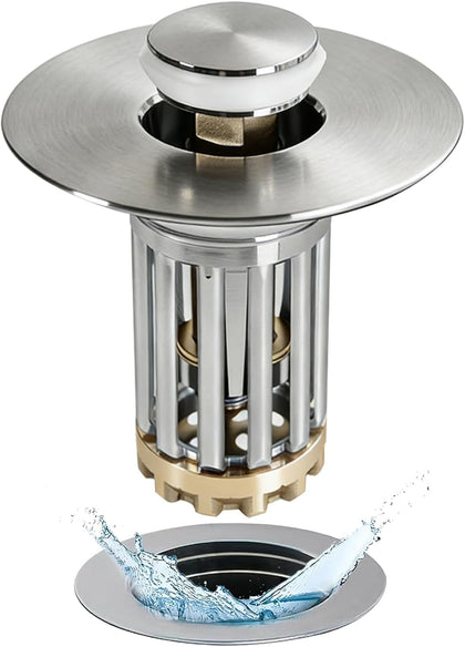 3 in 1 Pop Up Bathroom Sink Stopper, Bathroom Sink Drain Strainer | with Removable Basket Hair Catcher, Universal