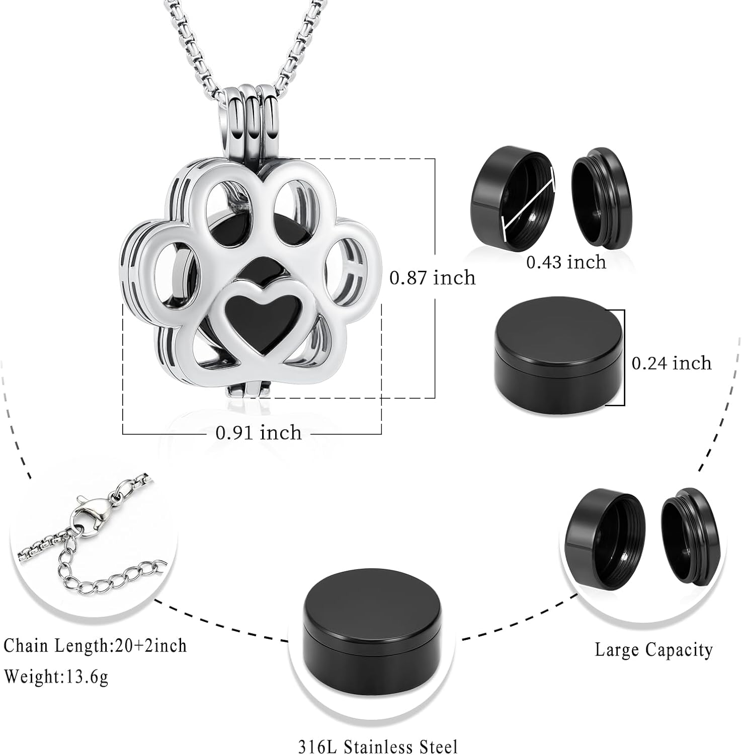 Pet Cremation Jewelry For Ashes For Dog/Cat Paw Stainless Steel Memorial Locket Urn Necklace Inside Mini Case