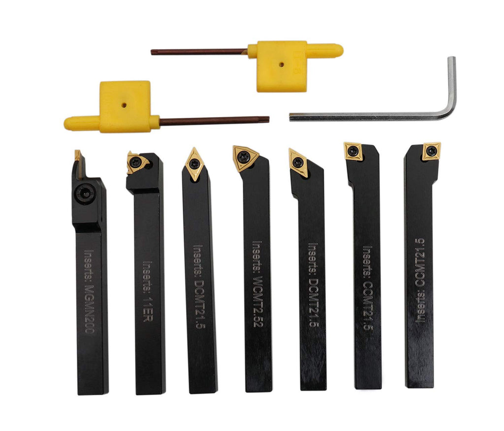 Accusize Industrial Tools 3/8'' Shank 7pc Indexable Carbide Turning Tool Set with TiN‑Coated Inserts, for Cutting Steel, 2387‑2003