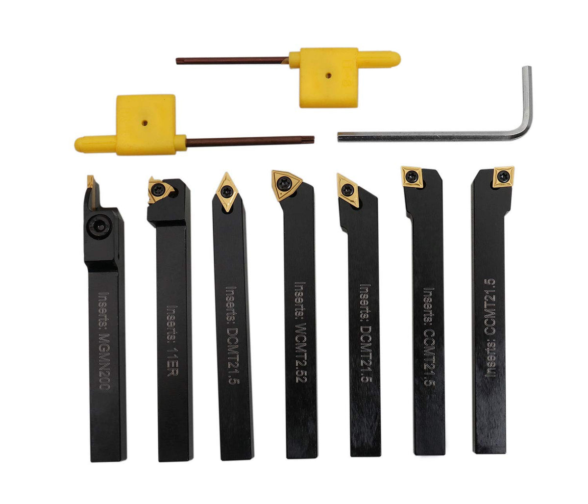 Accusize Industrial Tools 3/8'' Shank 7pc Indexable Carbide Turning Tool Set with TiN‑Coated Inserts, for Cutting Steel, 2387‑2003