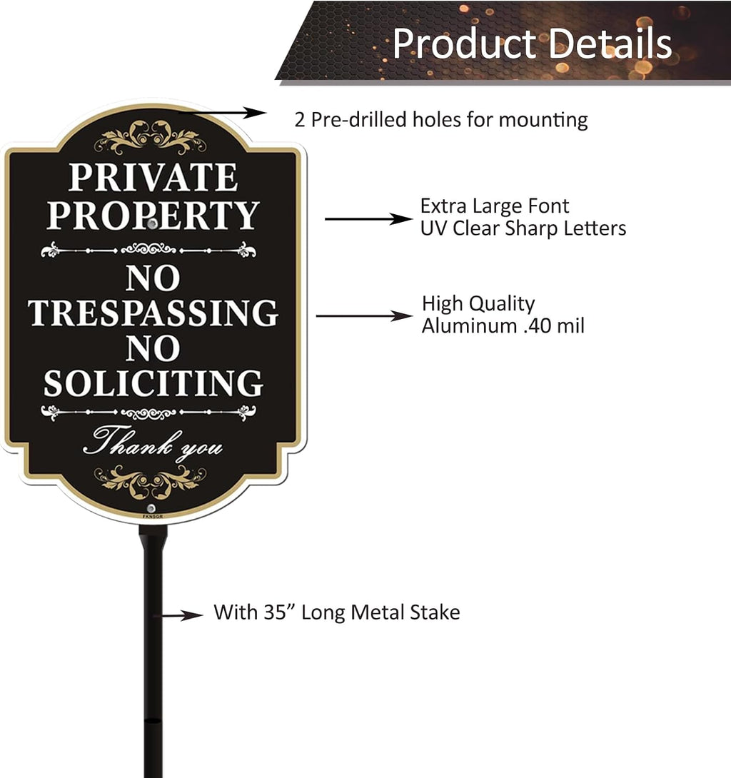 No Trespassing No Soliciting Sign with A Sturdy 35-inch Height Stake | Aluminum 12 x 8 inch Private Property Sign