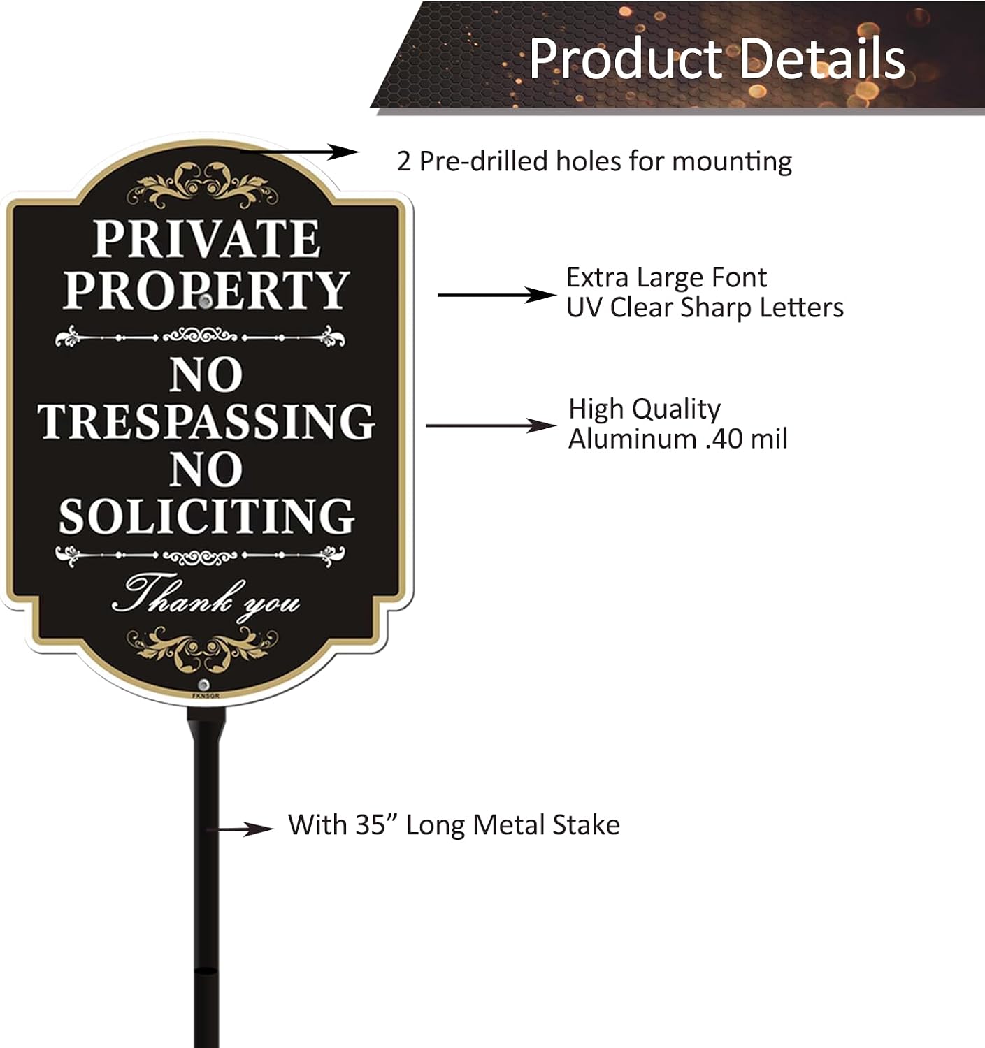 No Trespassing No Soliciting Sign with A Sturdy 35-inch Height Stake | Aluminum 12 x 8 inch Private Property Sign