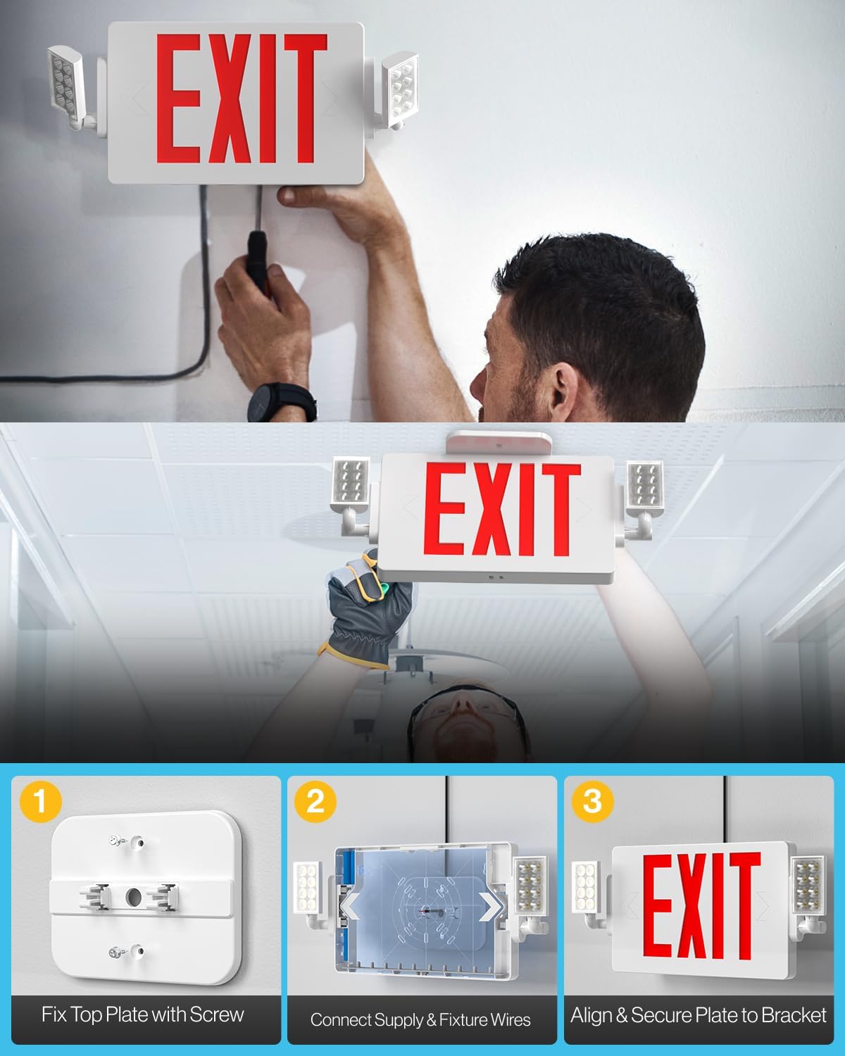 Sunco Red Exit Signs with LED Emergency Lights & Backup Battery