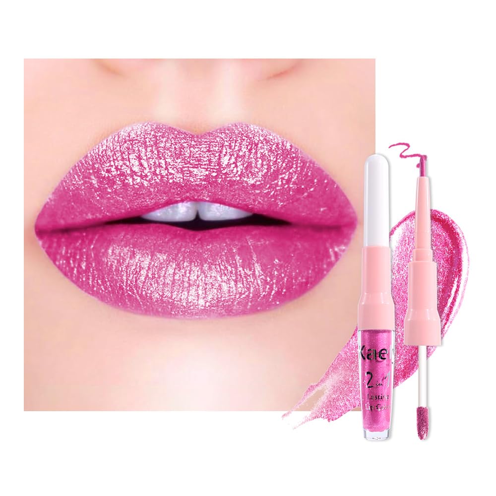 Hot Pink Metallic Glitter Lip Liner and Lipstick Combo Lip Gloss Stain Set Makeup for Women Long Lasting Waterproof