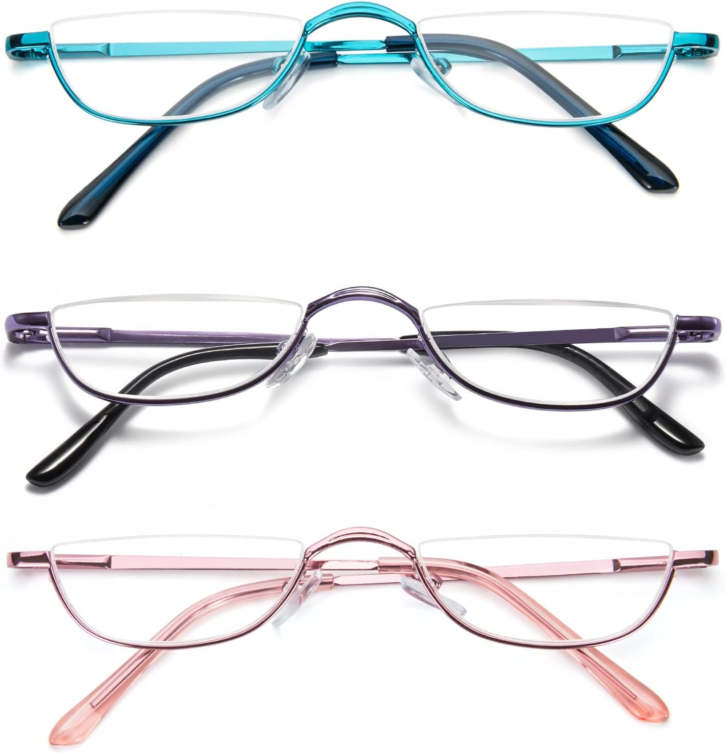 Half Moon Reading Glasses for Women Men Small Semi Frame Metal Spring Hinge Readers