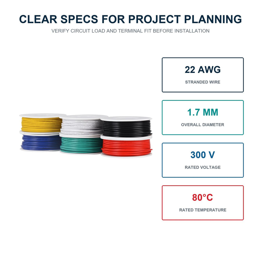 TUOFENG 22 AWG Stranded Wire Kit, 6 Colors, 30 ft Each, PVC Hookup Wire