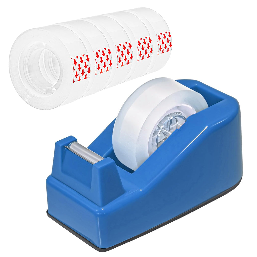 Compact Desktop Tape Dispenser with 6 Rolls 3/4" Clear Tape, Bright Blue