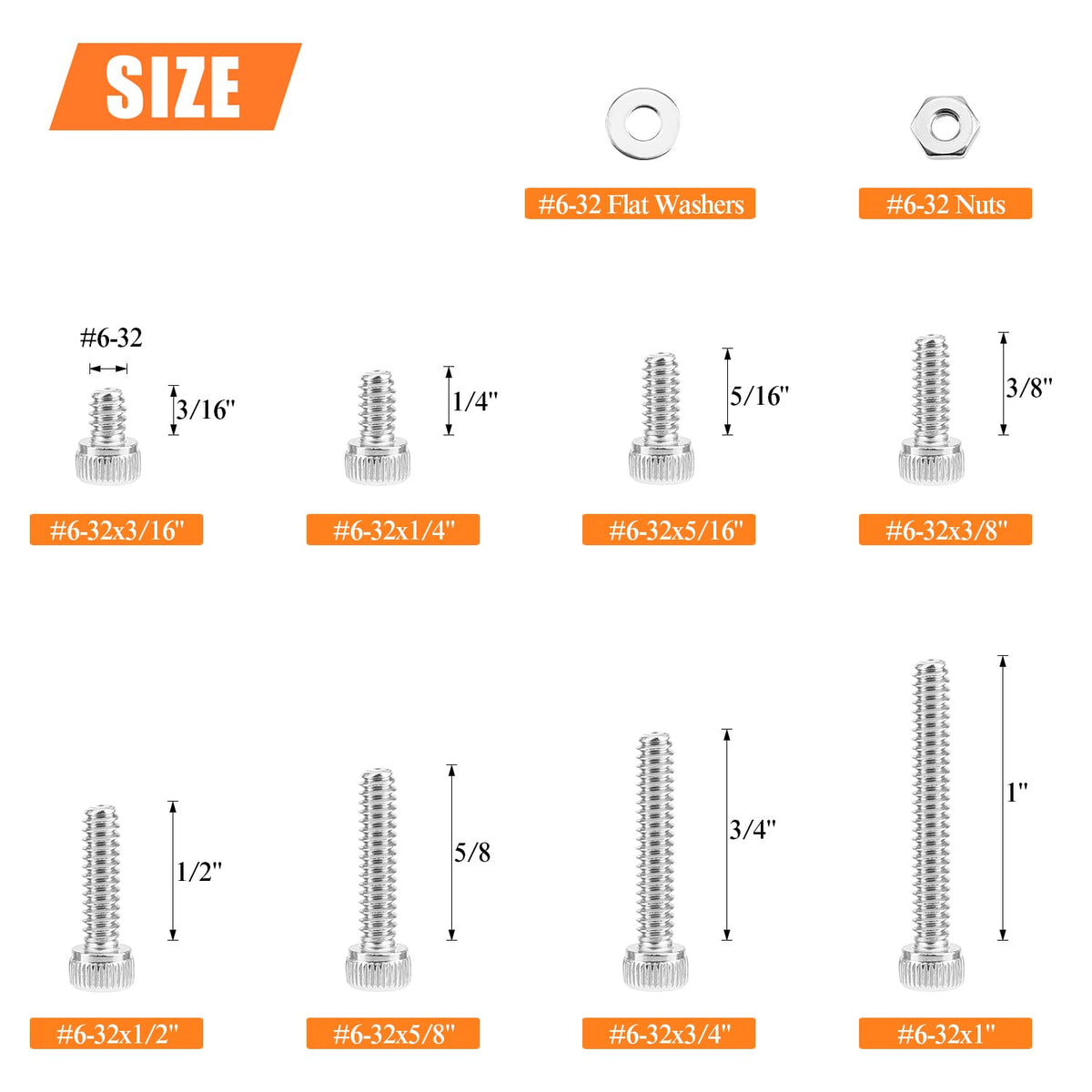 HELIFOUNER 250 Pieces #6-32 x 3/16" 1/4" 5/16" 3/8" 1/2" 5/8" 3/4" 1", Hex Socket Head Cap Screws Bolts Washers Nuts Kit, Coarse Thread, Fully Machine Threaded, 304 Stainless Steel