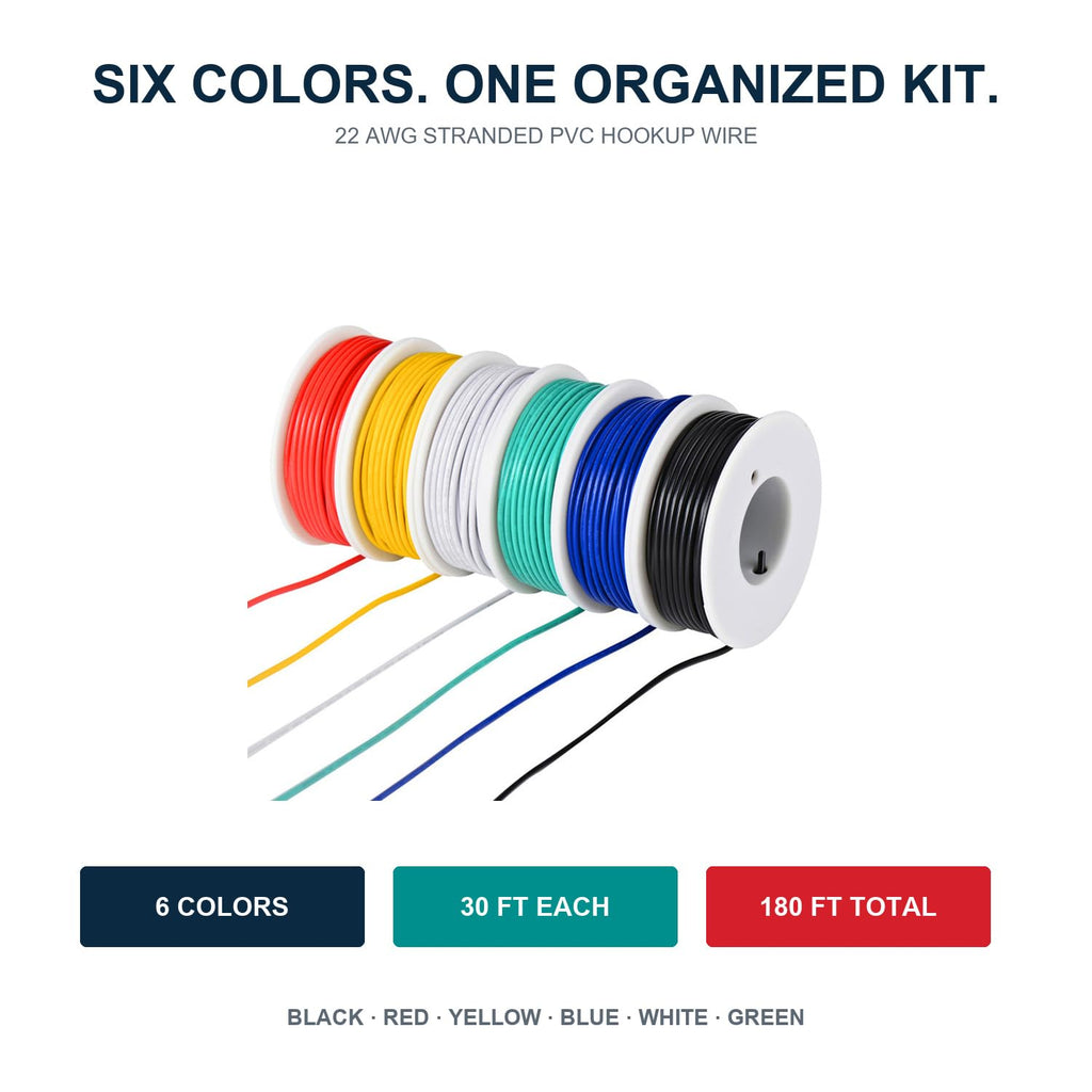 TUOFENG 22 AWG Stranded Wire Kit, 6 Colors, 30 ft Each, PVC Hookup Wire