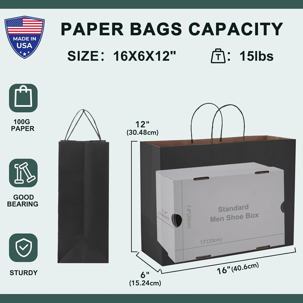 Large Black Paper Bags With Handles 16x6x12 Inch 100 Pack