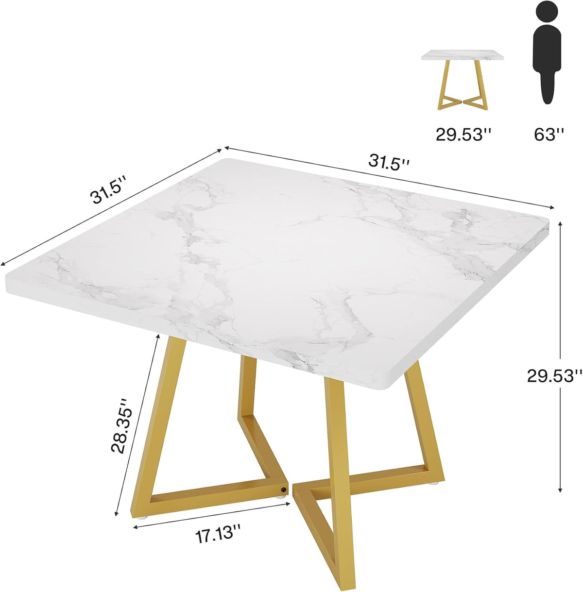 Square Commercial Dining Table, 31.5", White & Gold