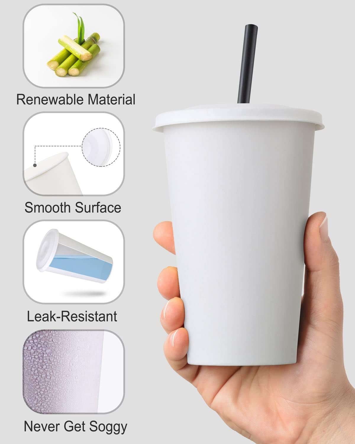 Disposable Paper Cups with Paper Lids and Compostable Straws