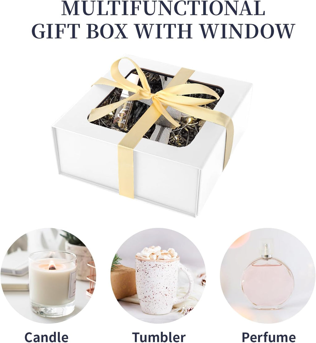 White Gift Boxes with Window,7.5"x7.5"x3.1" Magnetic Closure Lid Gift Boxes