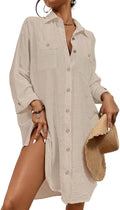 Womens Modern Swimsuit Cover Up Blouse Button Down Shirt Dresses Tops