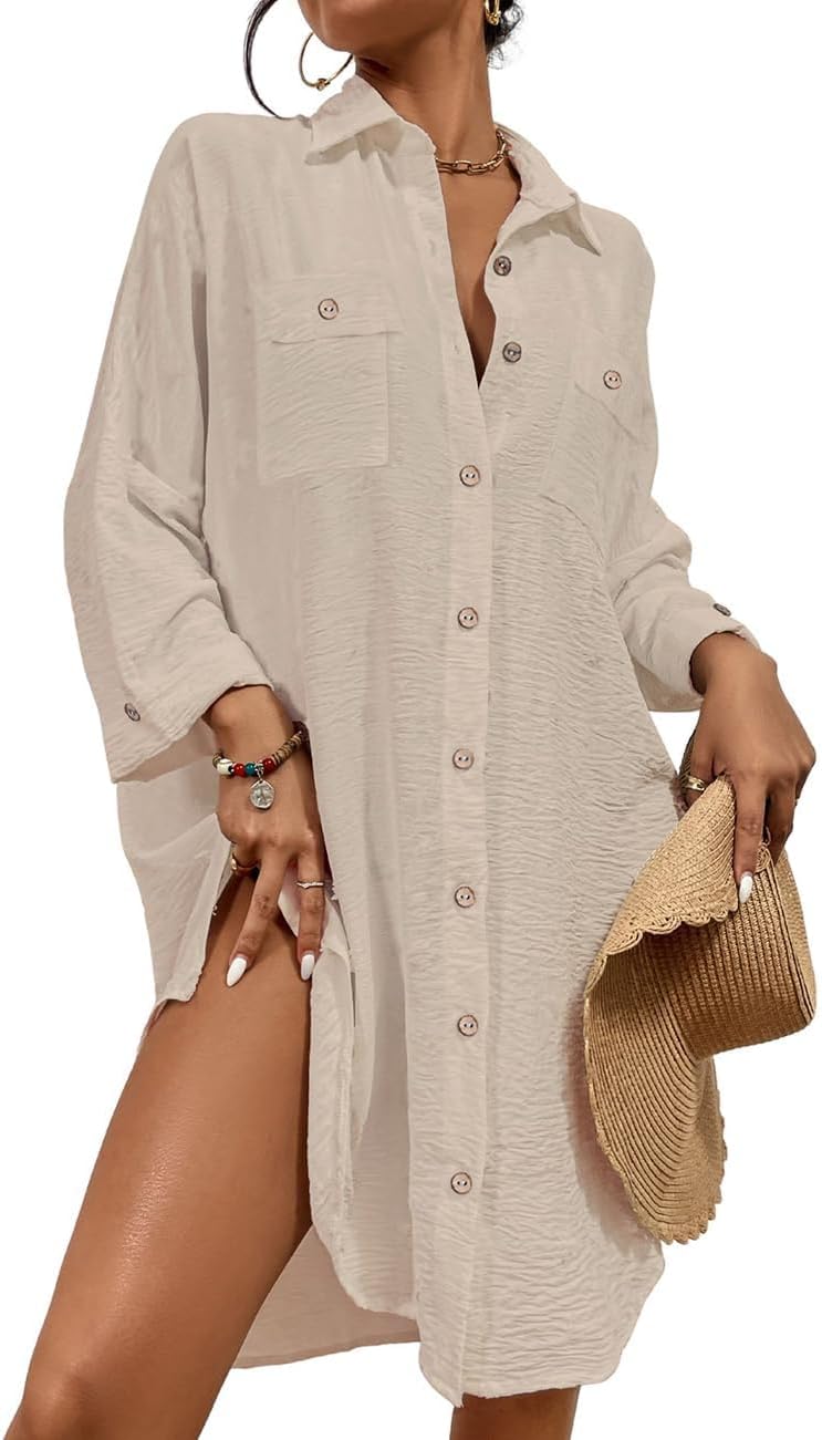 Womens Modern Swimsuit Cover Up Blouse Button Down Shirt Dresses Tops