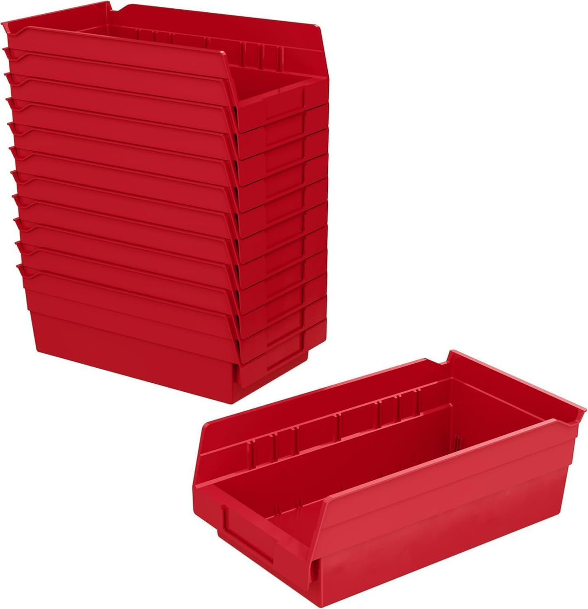 Heavy Duty Plastic Shelf Bins, 12"x 6.5"x 4", Red, 12-Pk